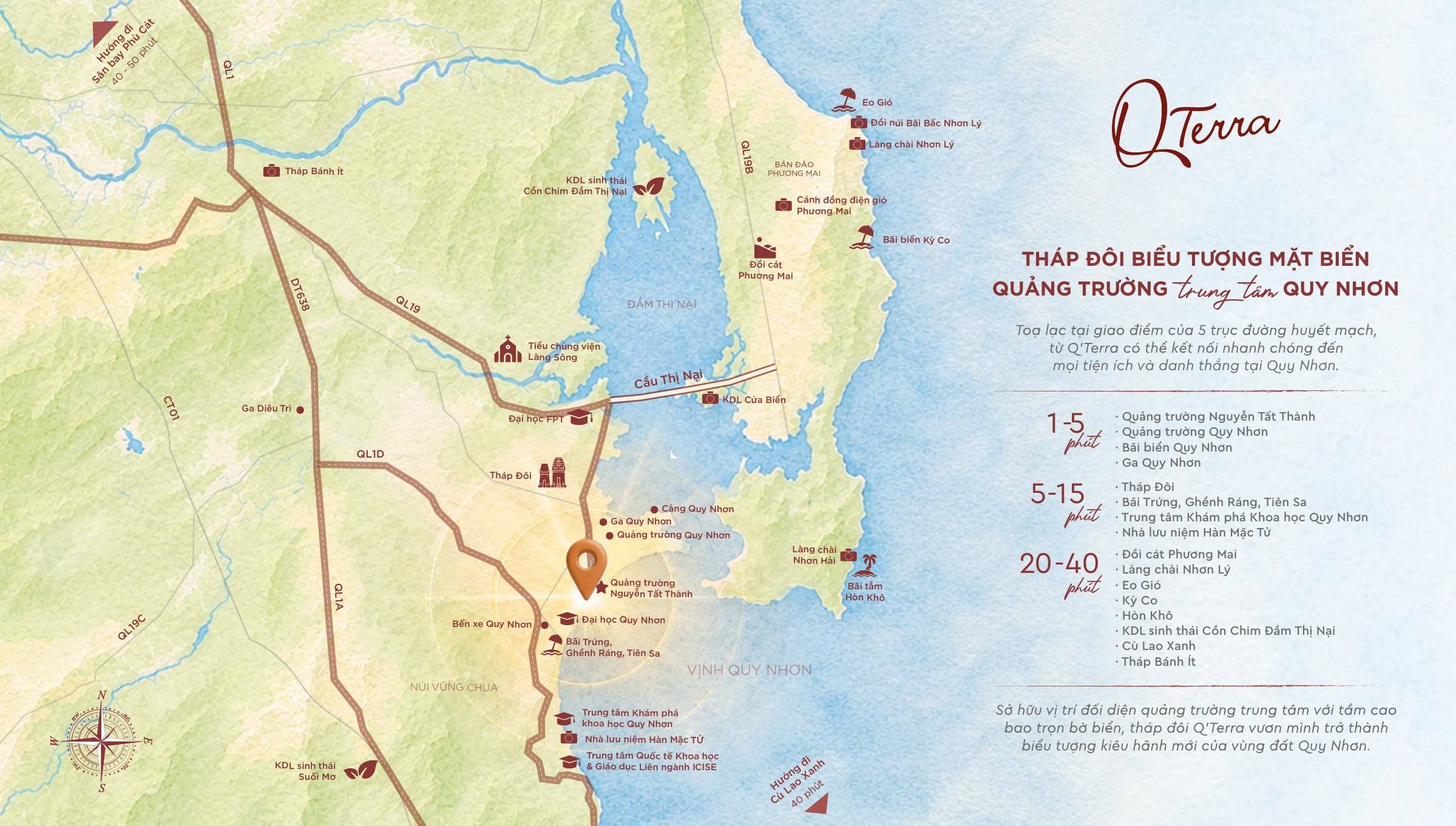 Bản đồ liên kết vùng Q'Terra Quy Nhơn: quảng trường, Kỳ Co, Eo Gió, sân bay Phù Cát
