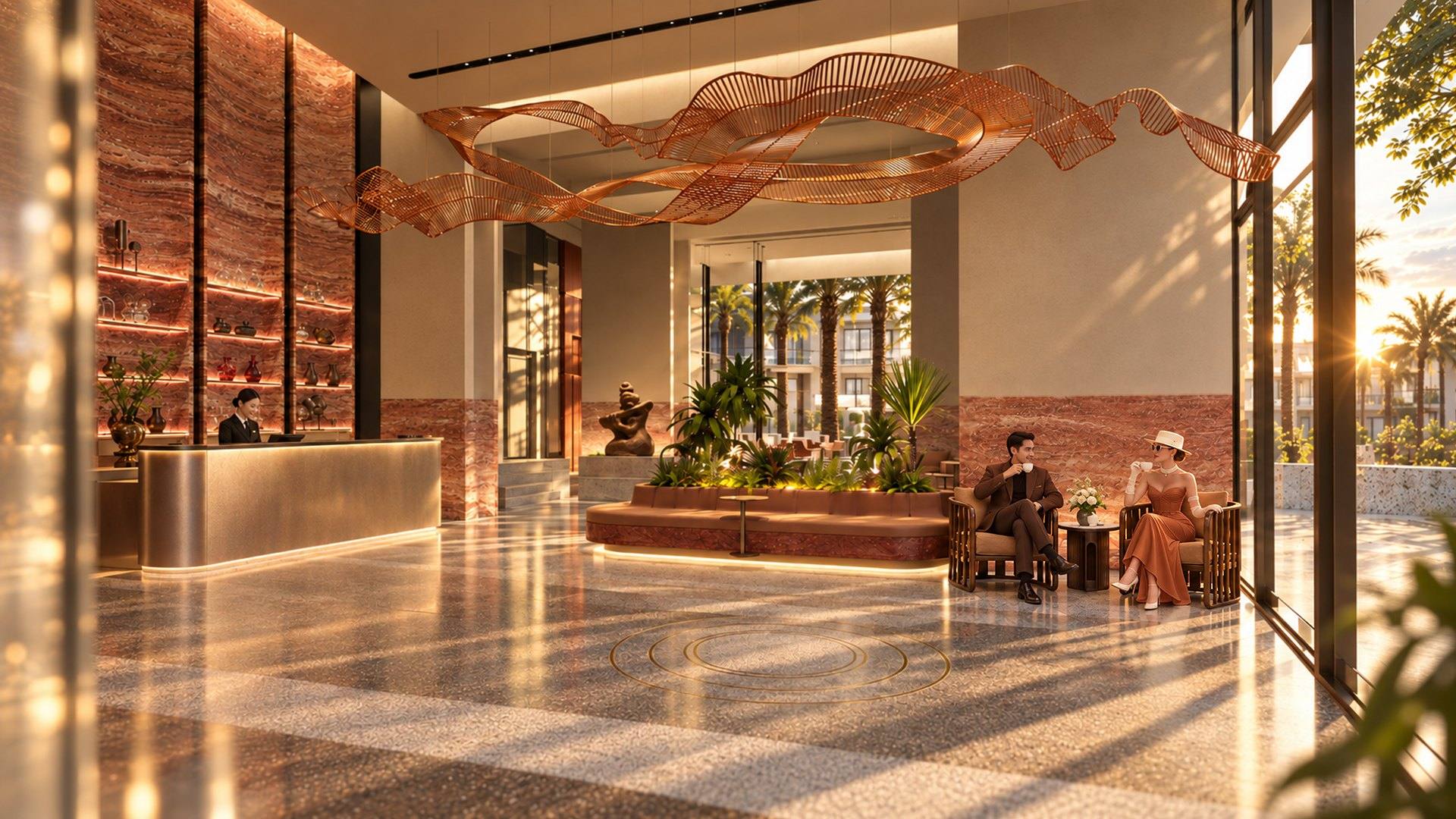 Sảnh đón tầng 1 Q'Terra Quy Nhơn với ngôn ngữ thiết kế Luxury Terracotta